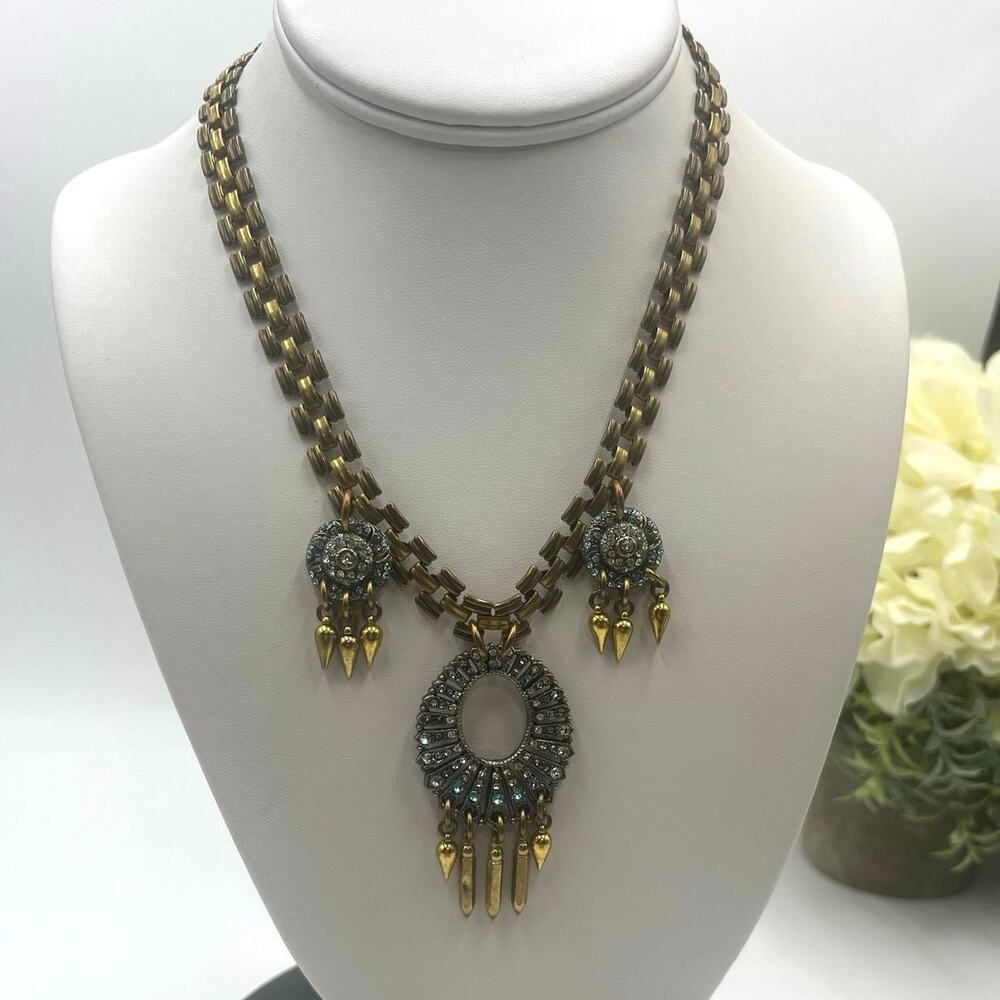 Lulu Frost Designer Signed Blue Crystal Chunky Statement Gold Tone Necklace